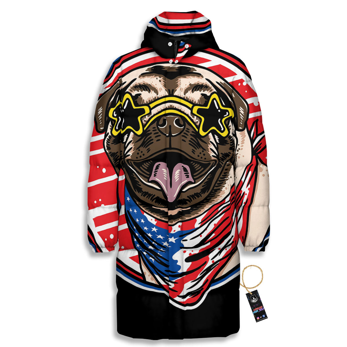 Pug Hipster Print Long Down Jacket-grizzshop