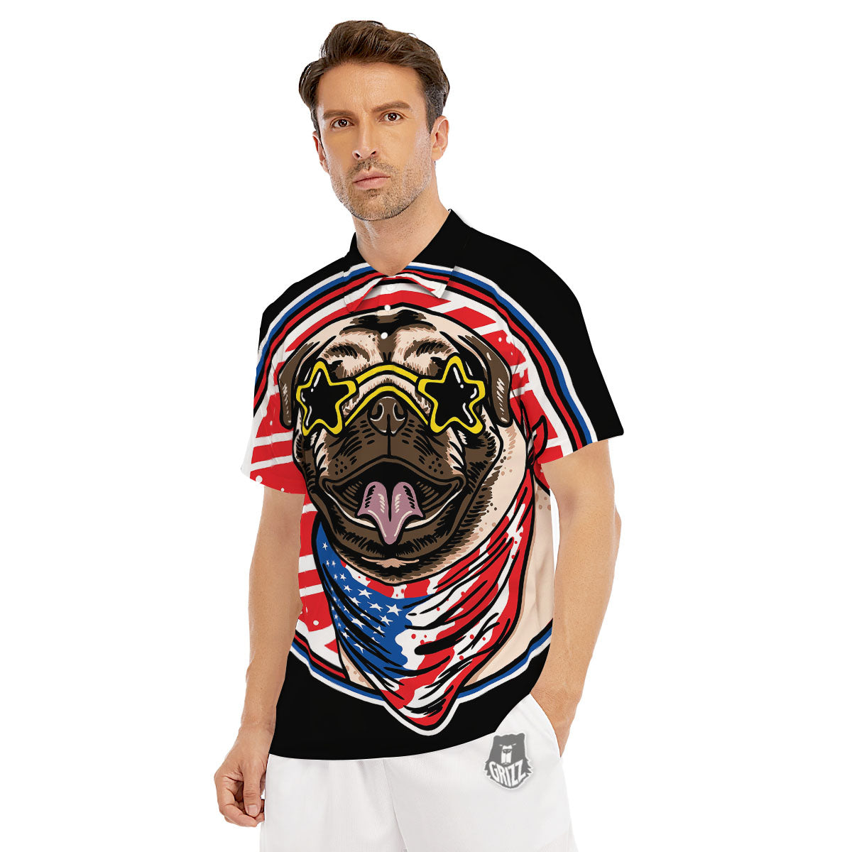 Pug Hipster Print Men's Golf Shirts-grizzshop