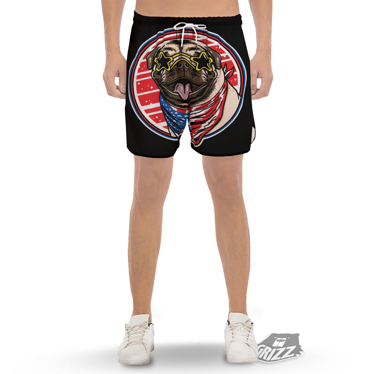 Pug Hipster Print Men's Gym Shorts-grizzshop