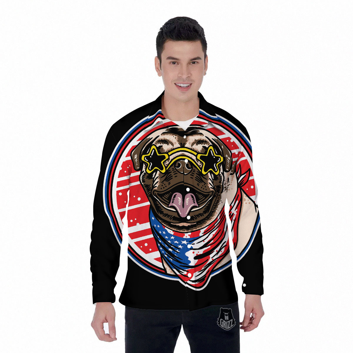 Pug Hipster Print Men's Long Sleeve Shirts-grizzshop