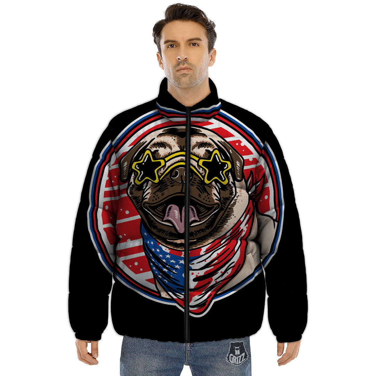 Pug Hipster Print Puffer Jacket-grizzshop