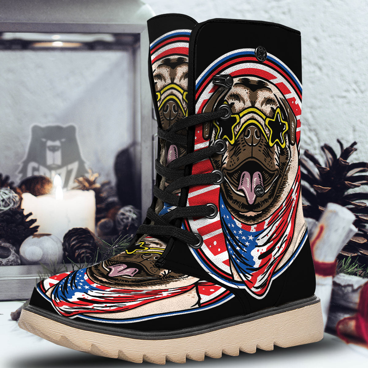 Pug Hipster Print Snow Boots-grizzshop