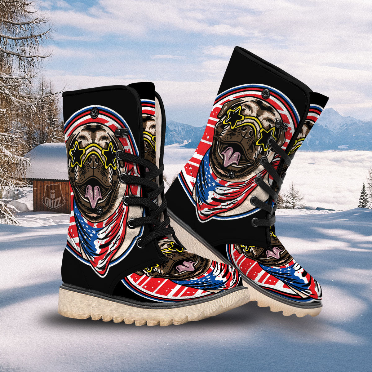 Pug Hipster Print Snow Boots-grizzshop