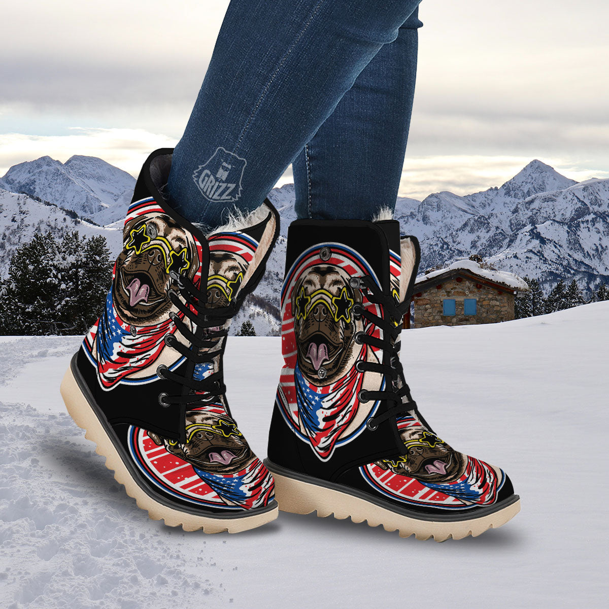 Pug Hipster Print Snow Boots-grizzshop