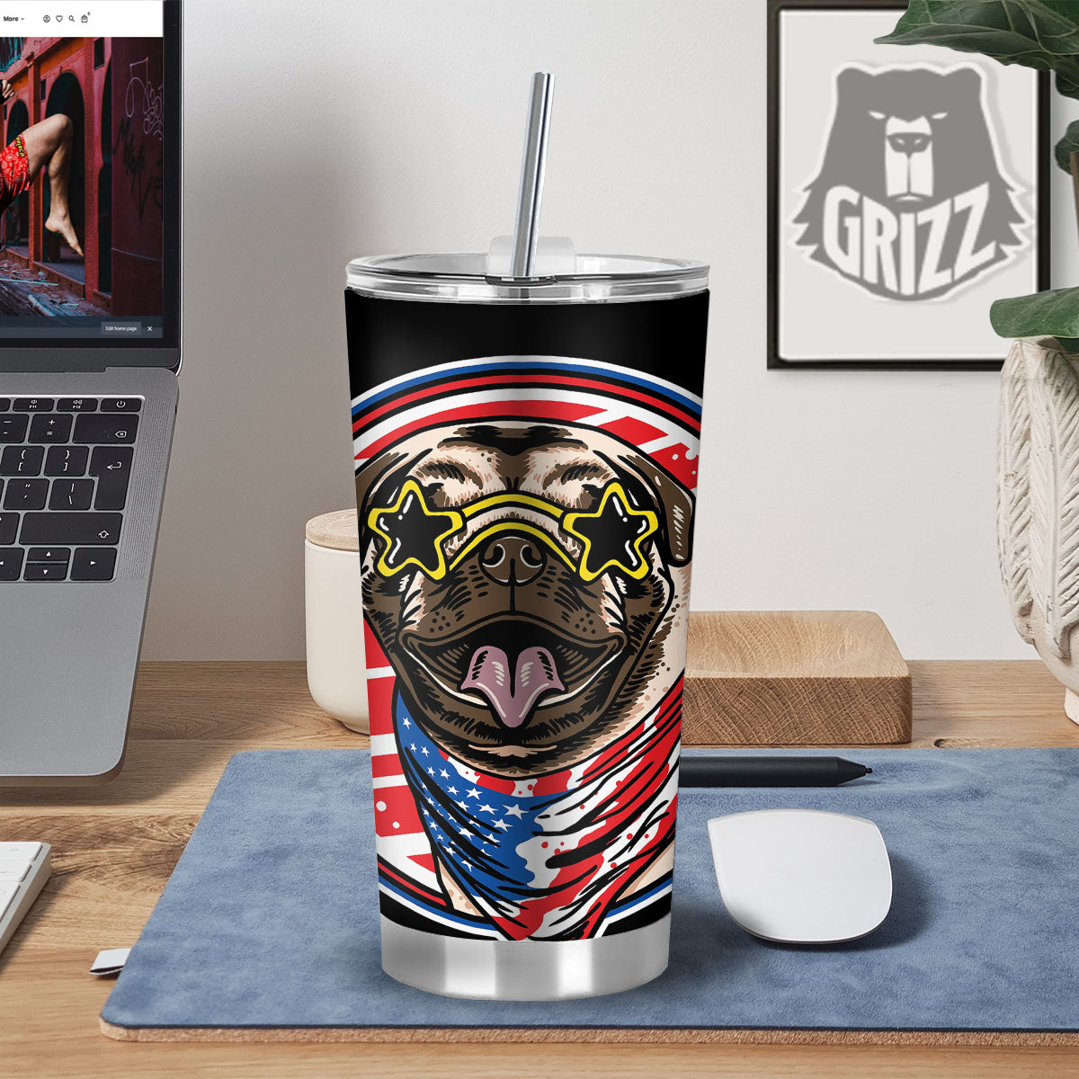 Pug Hipster Print Tumbler-grizzshop