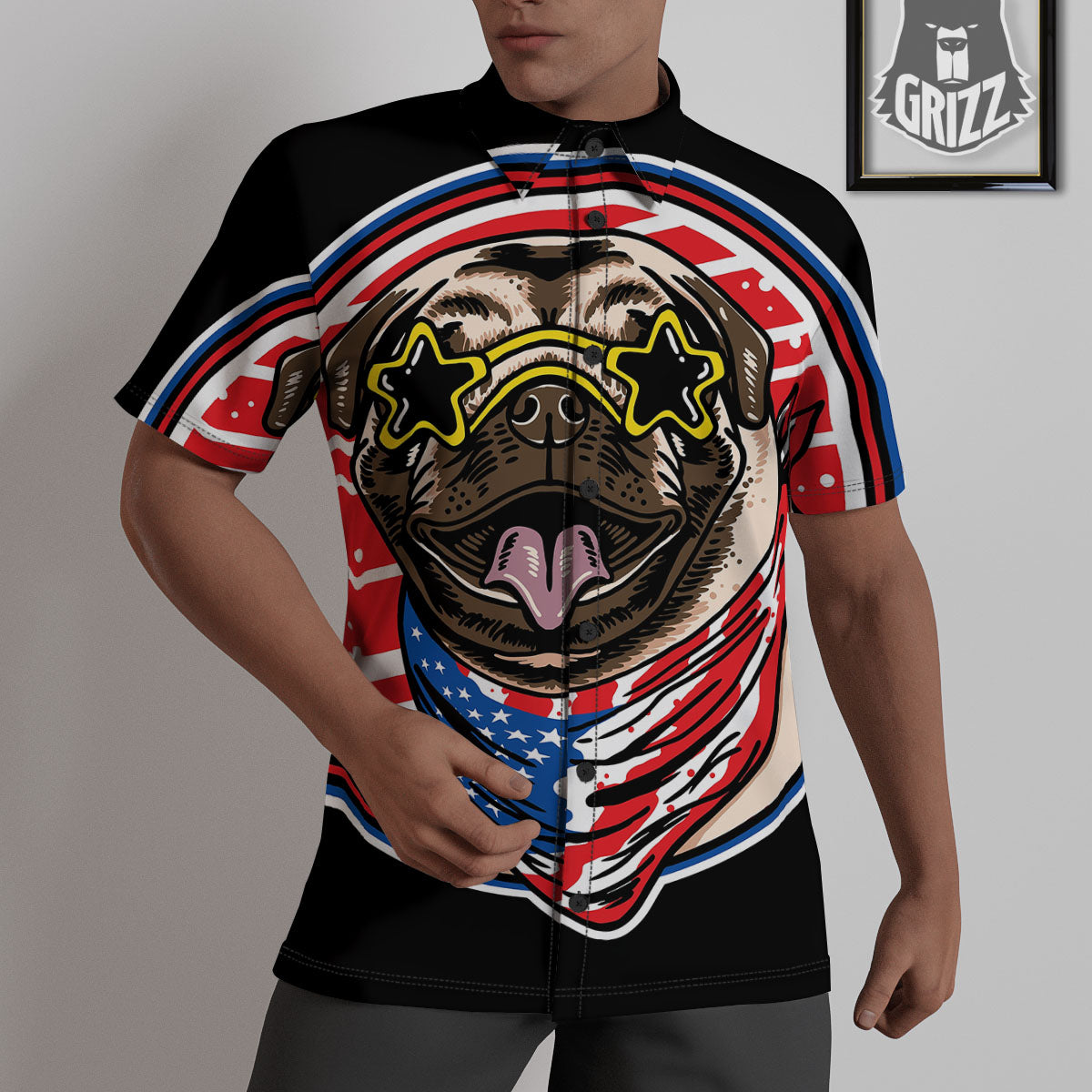 Pug Hipster Print Untucked Shirts-grizzshop