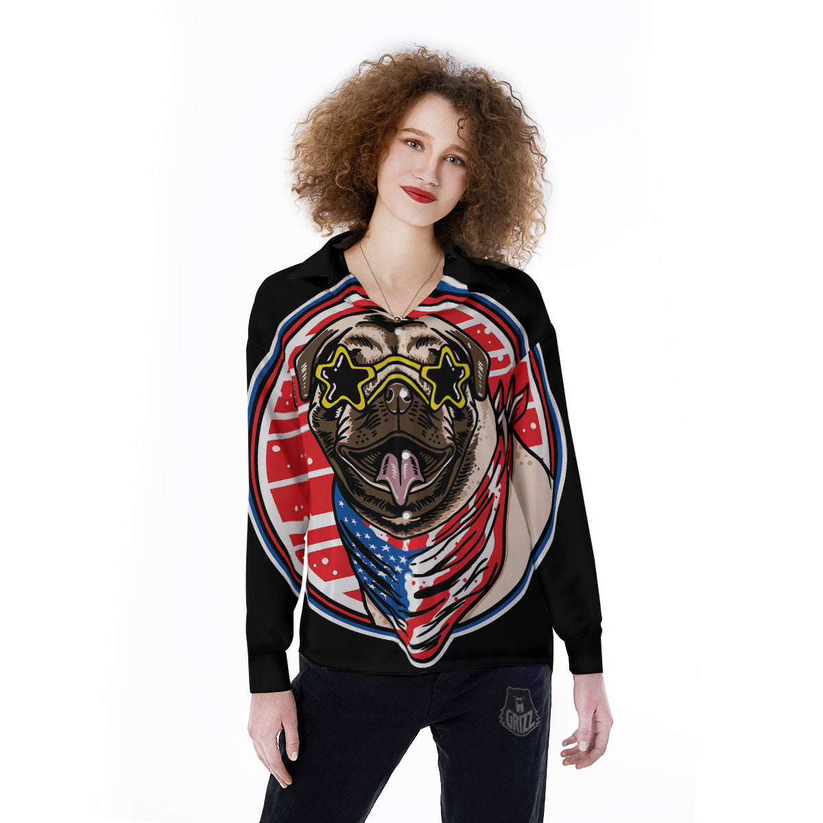 Pug Hipster Print Women's Long Sleeve Shirts-grizzshop