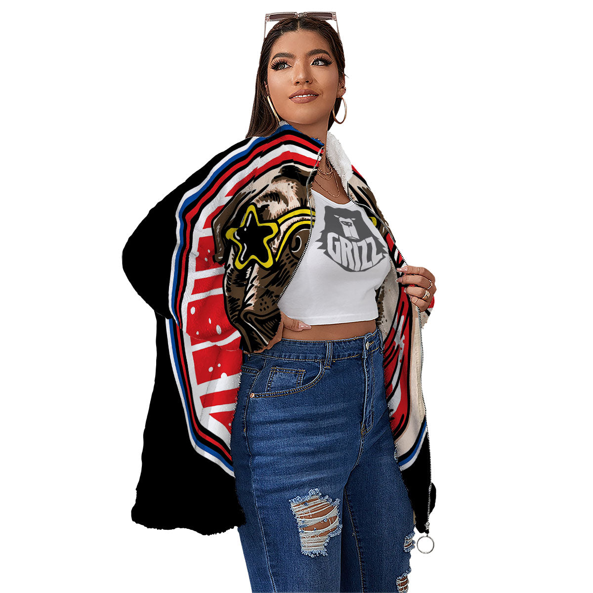 Pug Hipster Print Women's Sherpa Jacket-grizzshop
