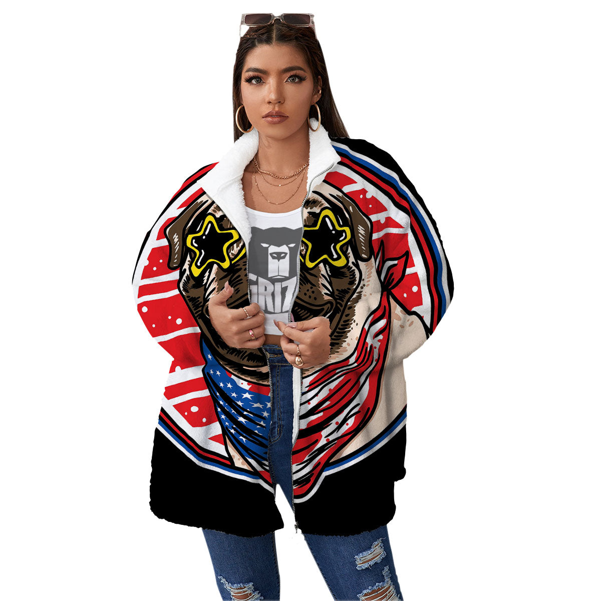 Pug Hipster Print Women's Sherpa Jacket-grizzshop
