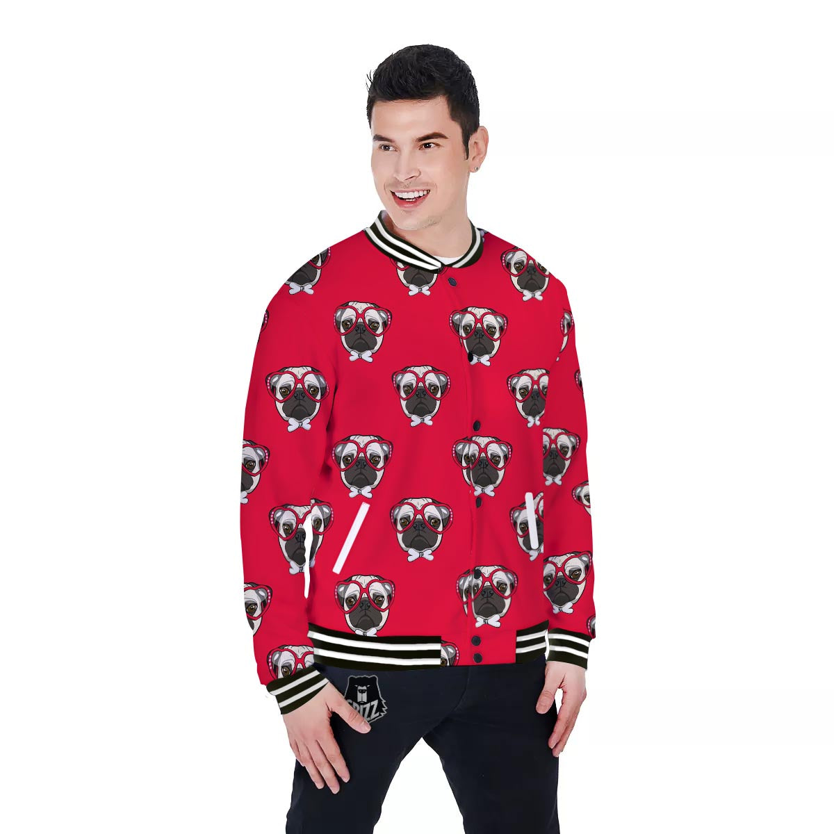 Pug Red Glasses Print Pattern Baseball Jacket-grizzshop