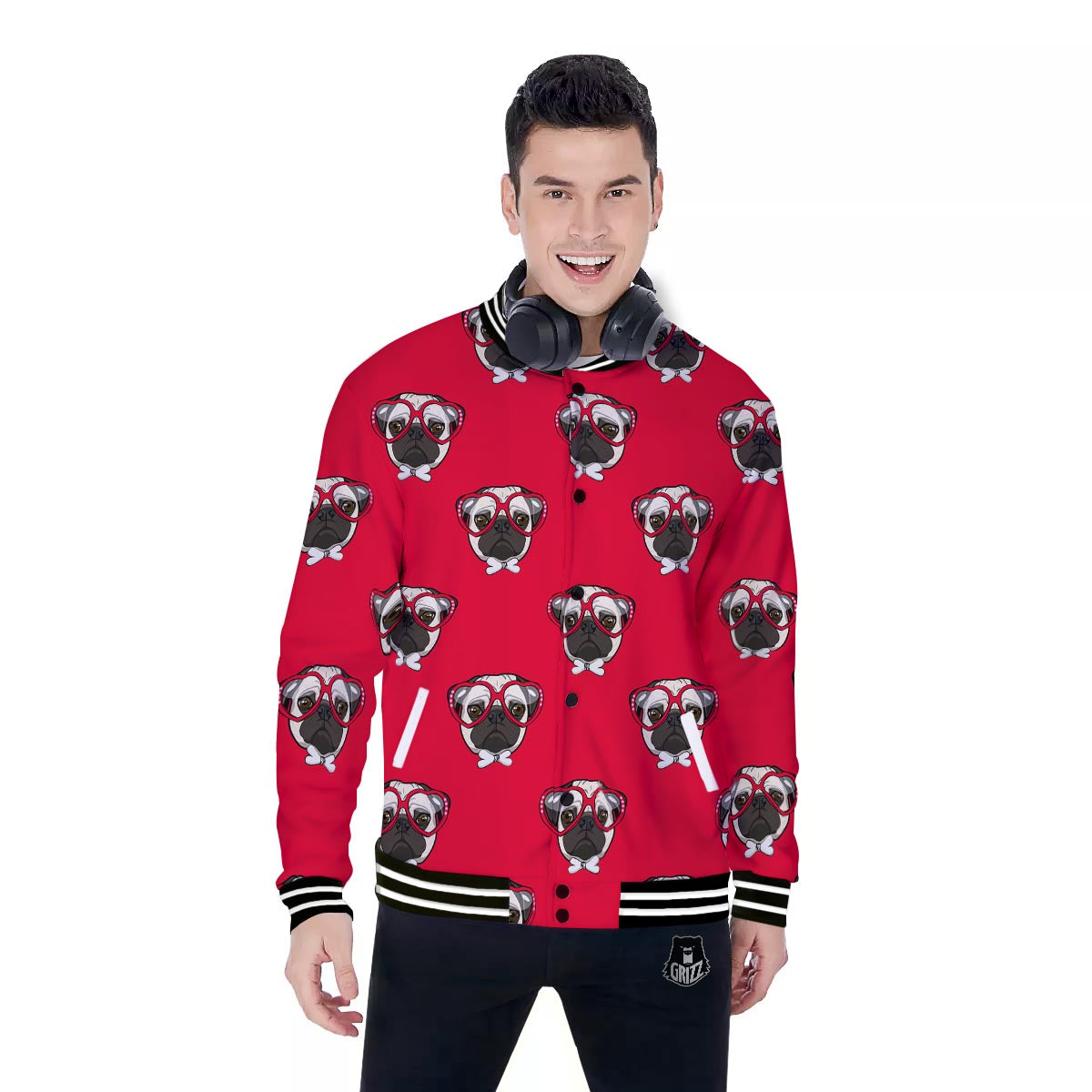 Pug Red Glasses Print Pattern Baseball Jacket-grizzshop