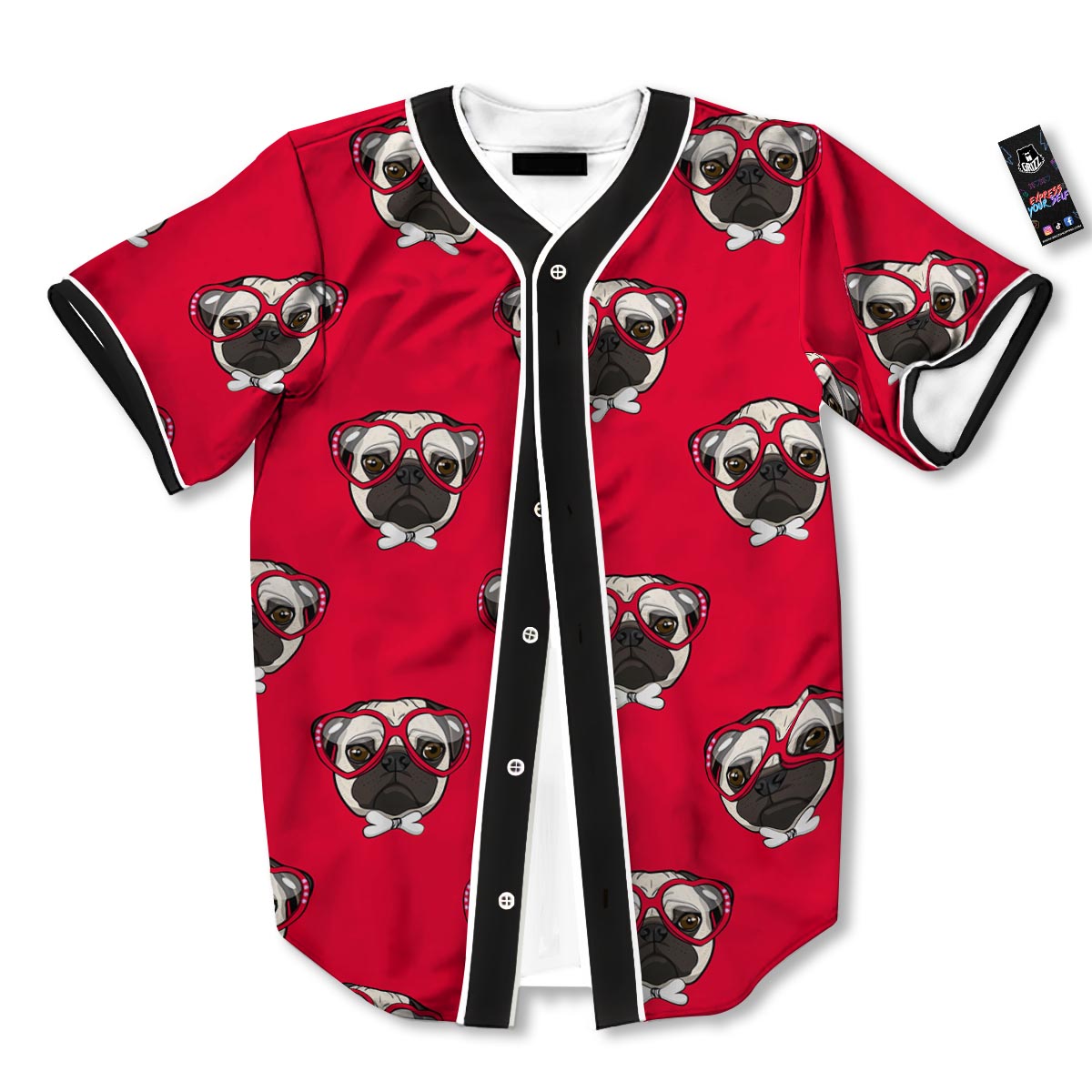 Pug Red Glasses Print Pattern Baseball Jersey-grizzshop