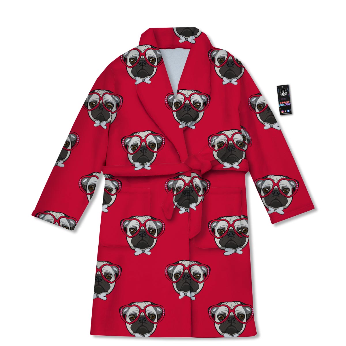 Pug Red Glasses Print Pattern Bathrobe-grizzshop
