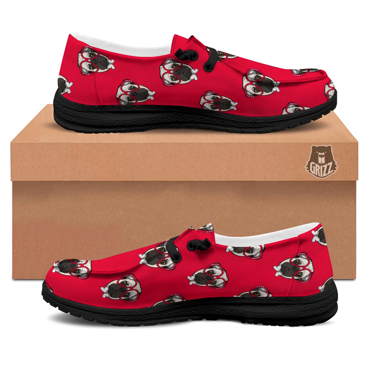Pug Red Glasses Print Pattern Black Loafers-grizzshop
