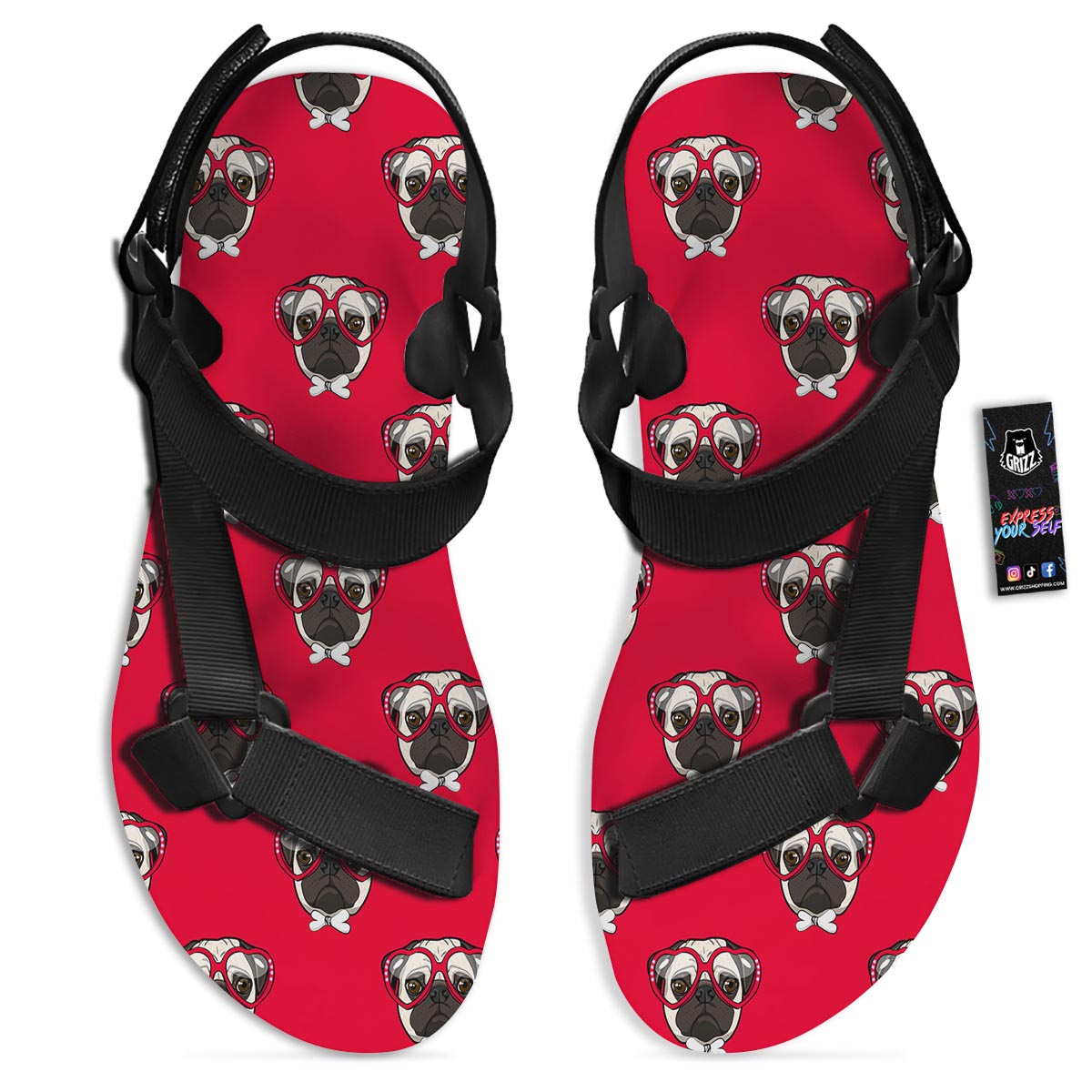 Pug Red Glasses Print Pattern Black Open Toe Sandals-grizzshop