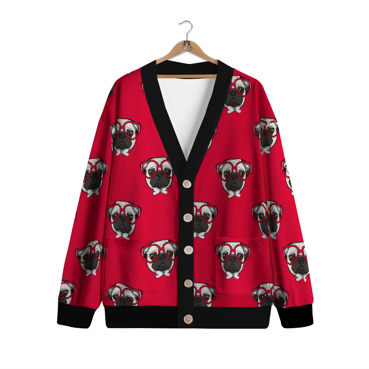 Pug Red Glasses Print Pattern Cardigan-grizzshop