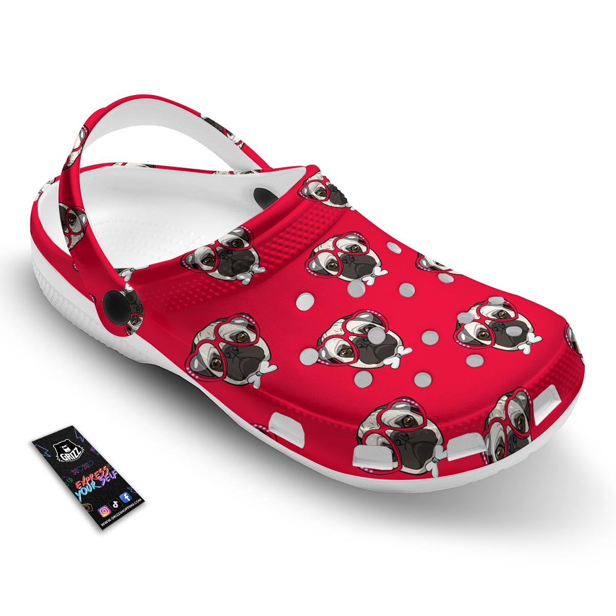 Pug Red Glasses Print Pattern Clog-grizzshop