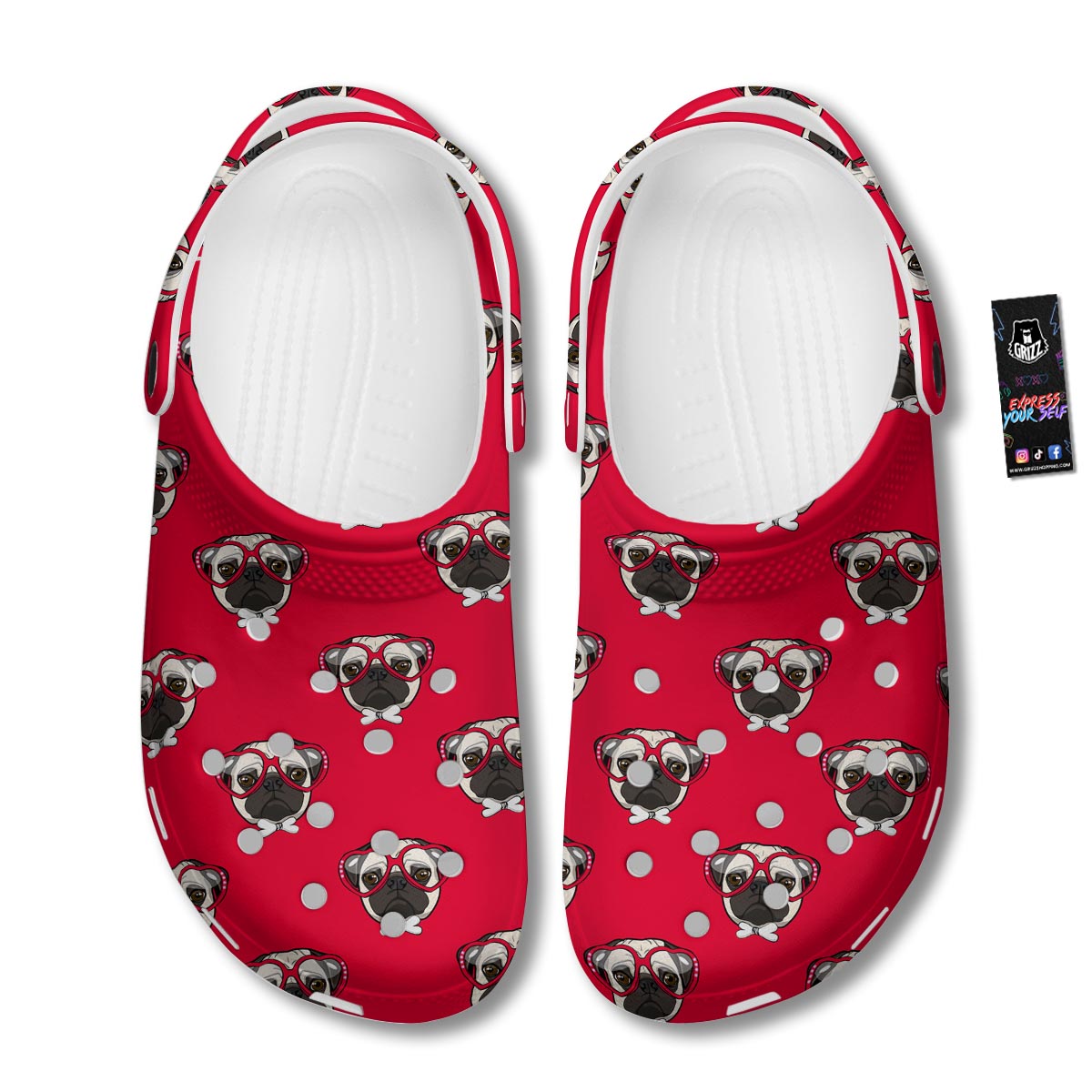 Pug Red Glasses Print Pattern Clog-grizzshop