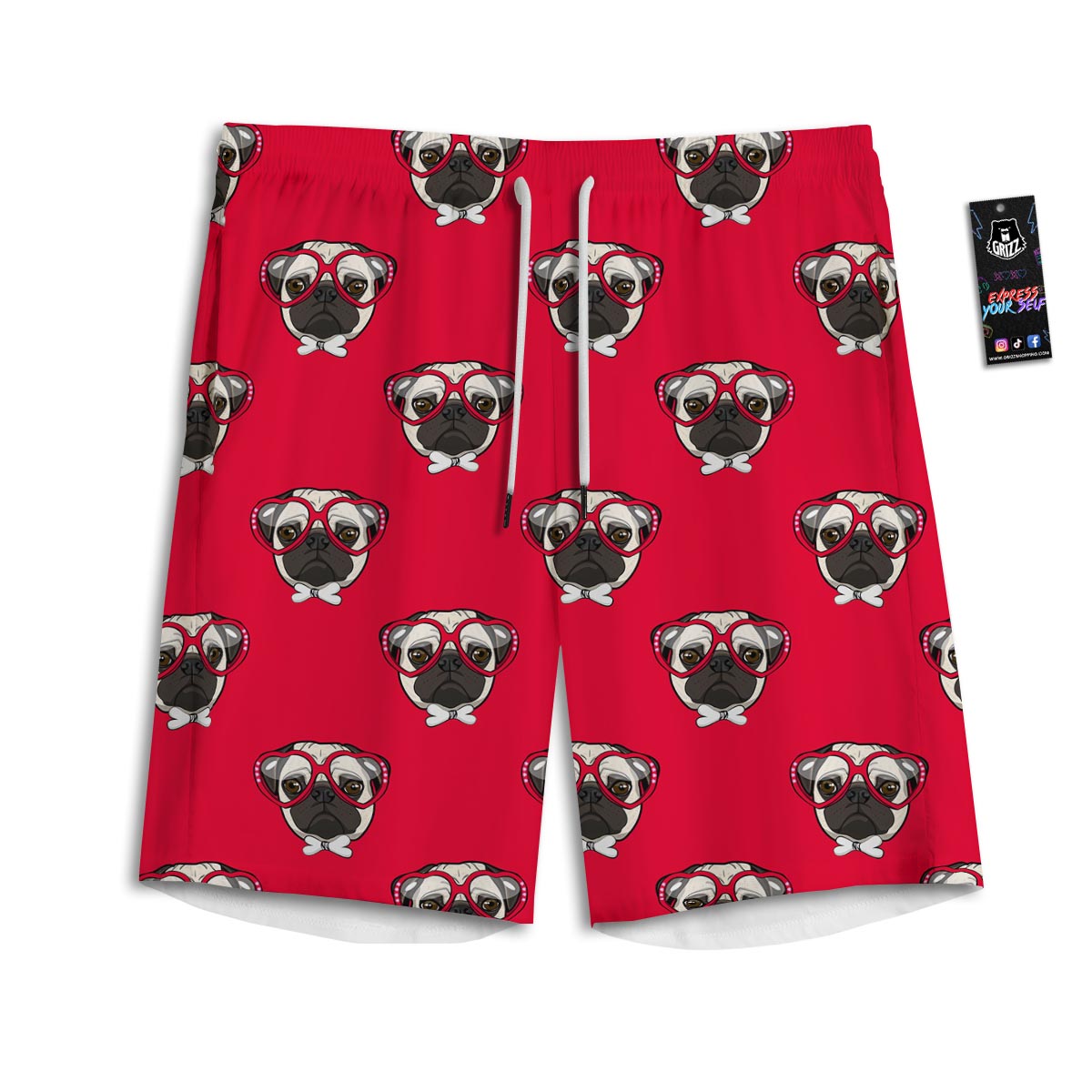 Pug Red Glasses Print Pattern Men's Athletic Shorts
