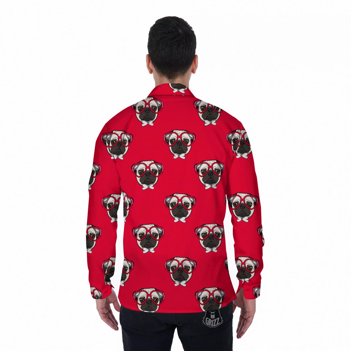 Pug Red Glasses Print Pattern Men's Long Sleeve Shirts-grizzshop