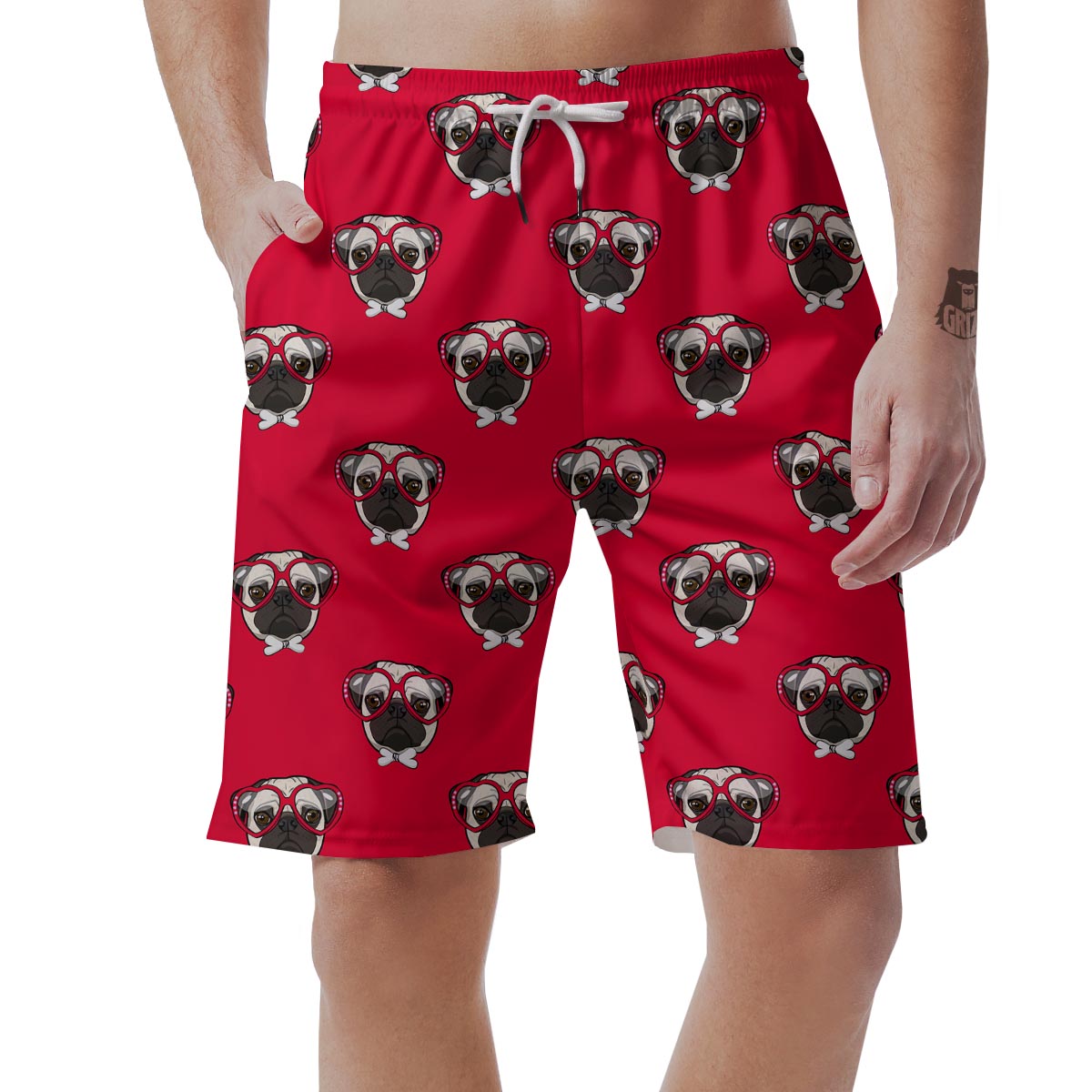 Pug Red Glasses Print Pattern Men's Shorts-grizzshop