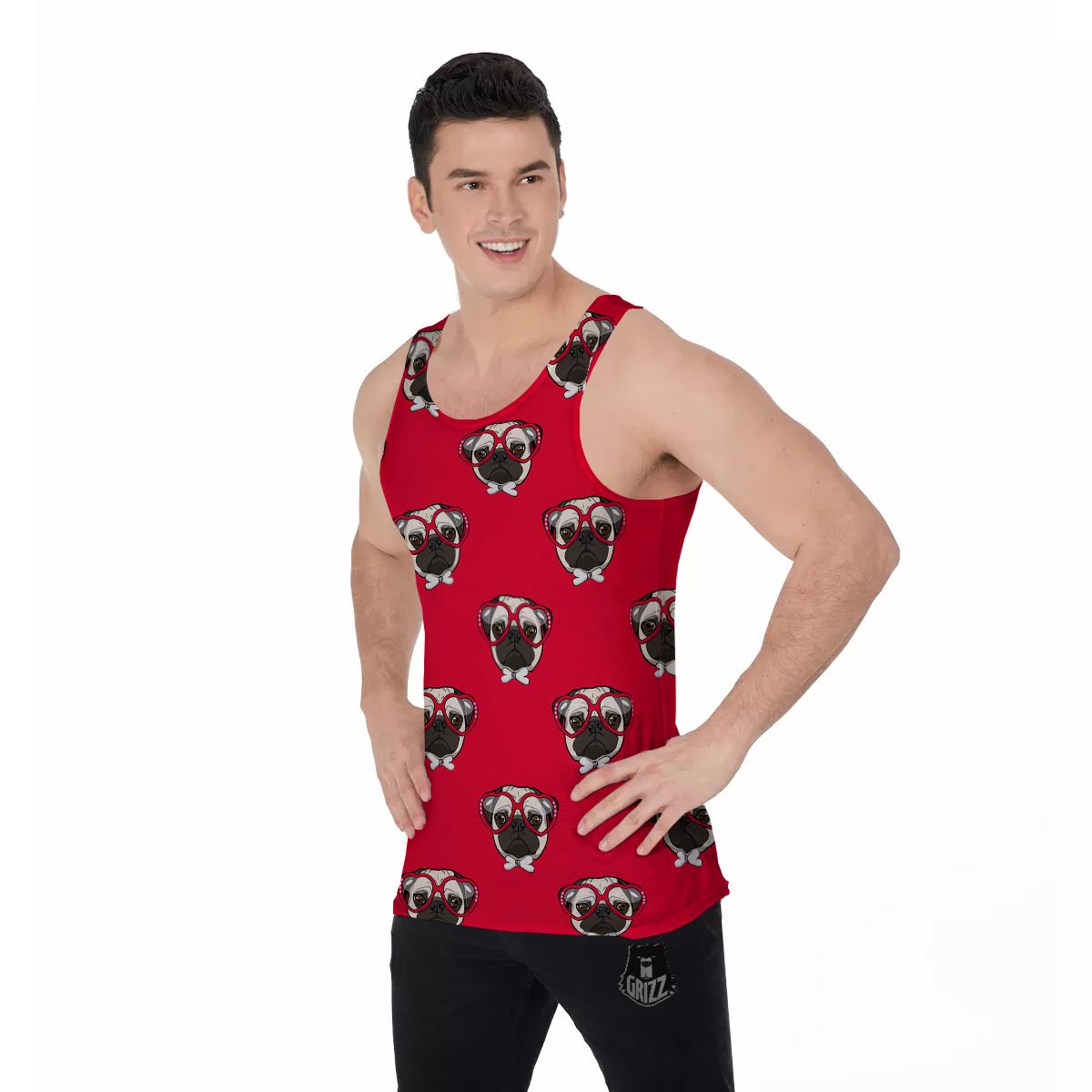 Pug Red Glasses Print Pattern Men's Tank Top-grizzshop