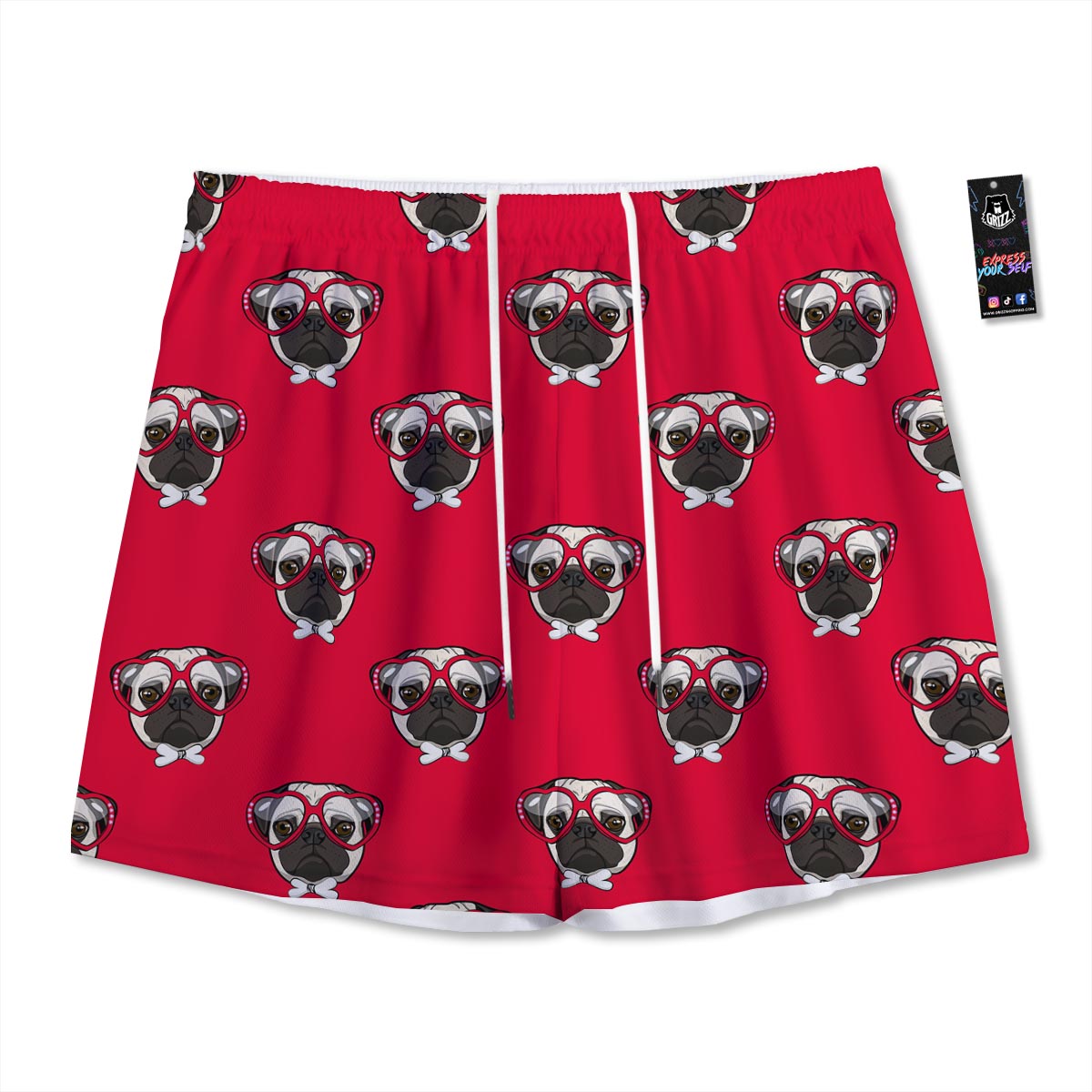 Pug Red Glasses Print Pattern Mesh Shorts