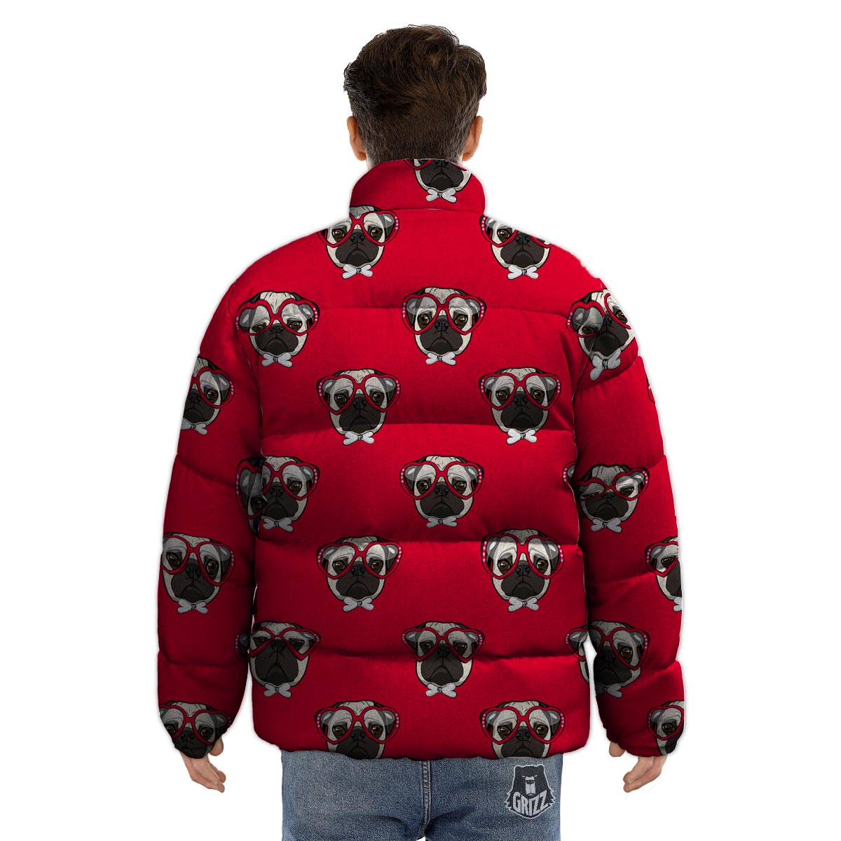 Pug Red Glasses Print Pattern Puffer Jacket-grizzshop