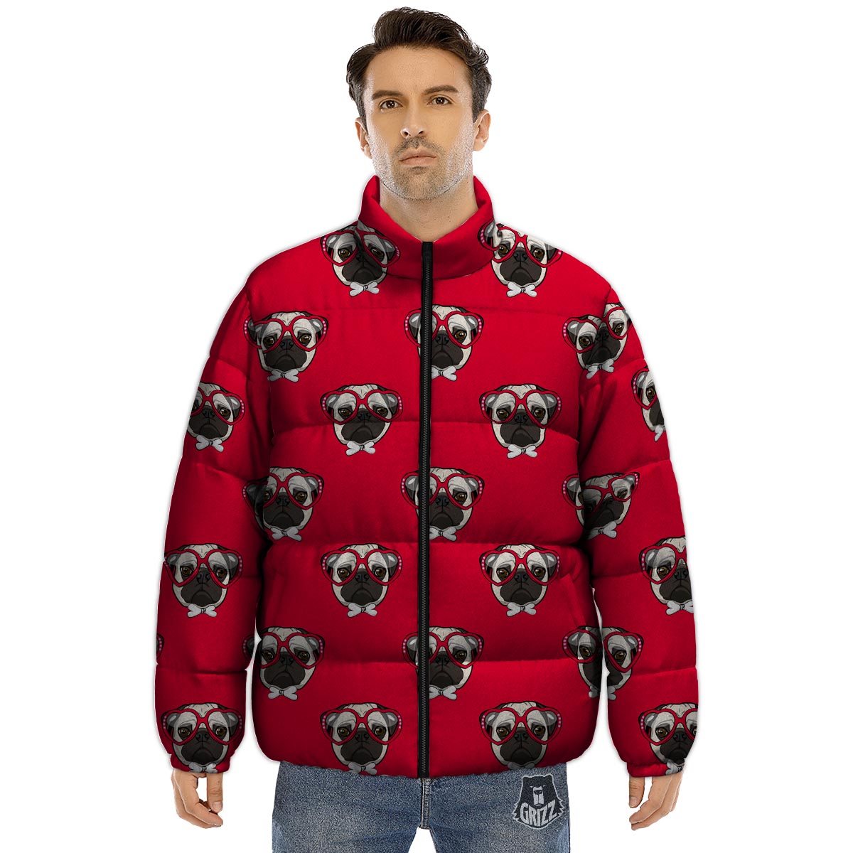 Pug Red Glasses Print Pattern Puffer Jacket-grizzshop