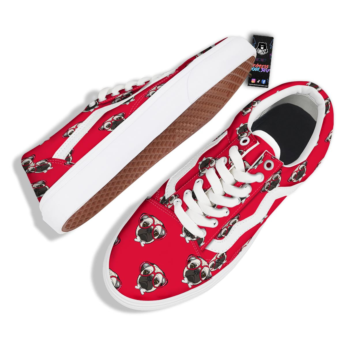 Pug Red Glasses Print Pattern Skate Shoes-grizzshop