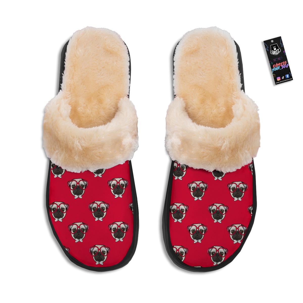 Pug Red Glasses Print Pattern Slippers-grizzshop