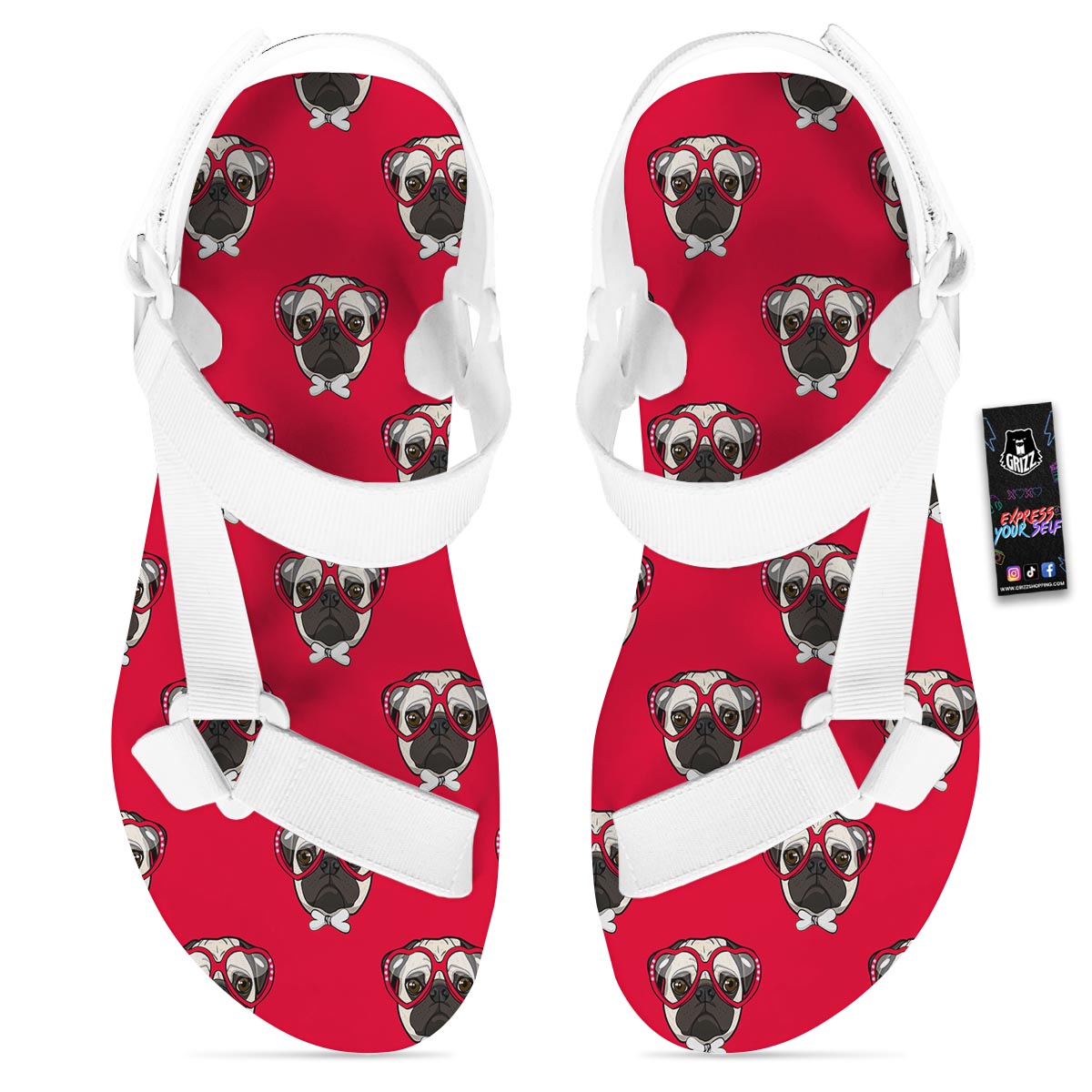 Pug Red Glasses Print Pattern White Open Toe Sandals-grizzshop