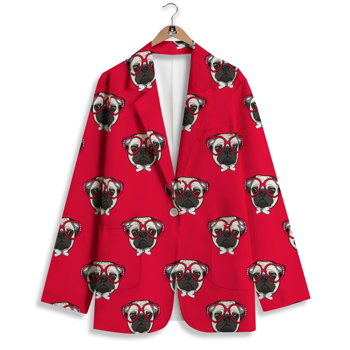 Pug Red Glasses Print Pattern Women's Blazer-grizzshop