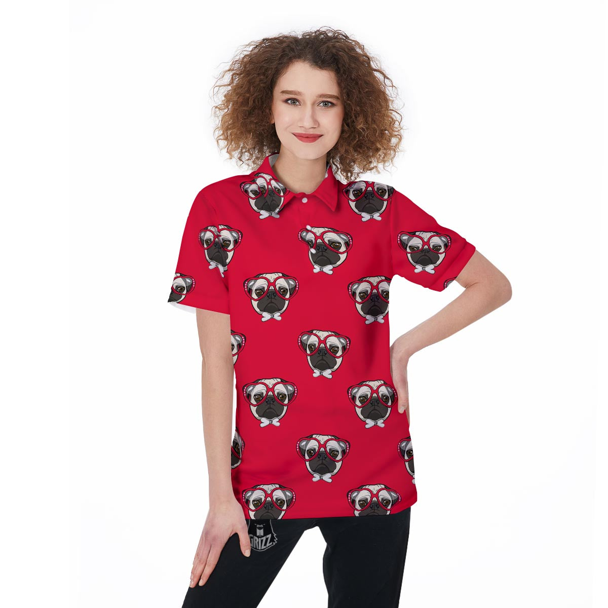 Pug Red Glasses Print Pattern Women's Golf Shirts-grizzshop