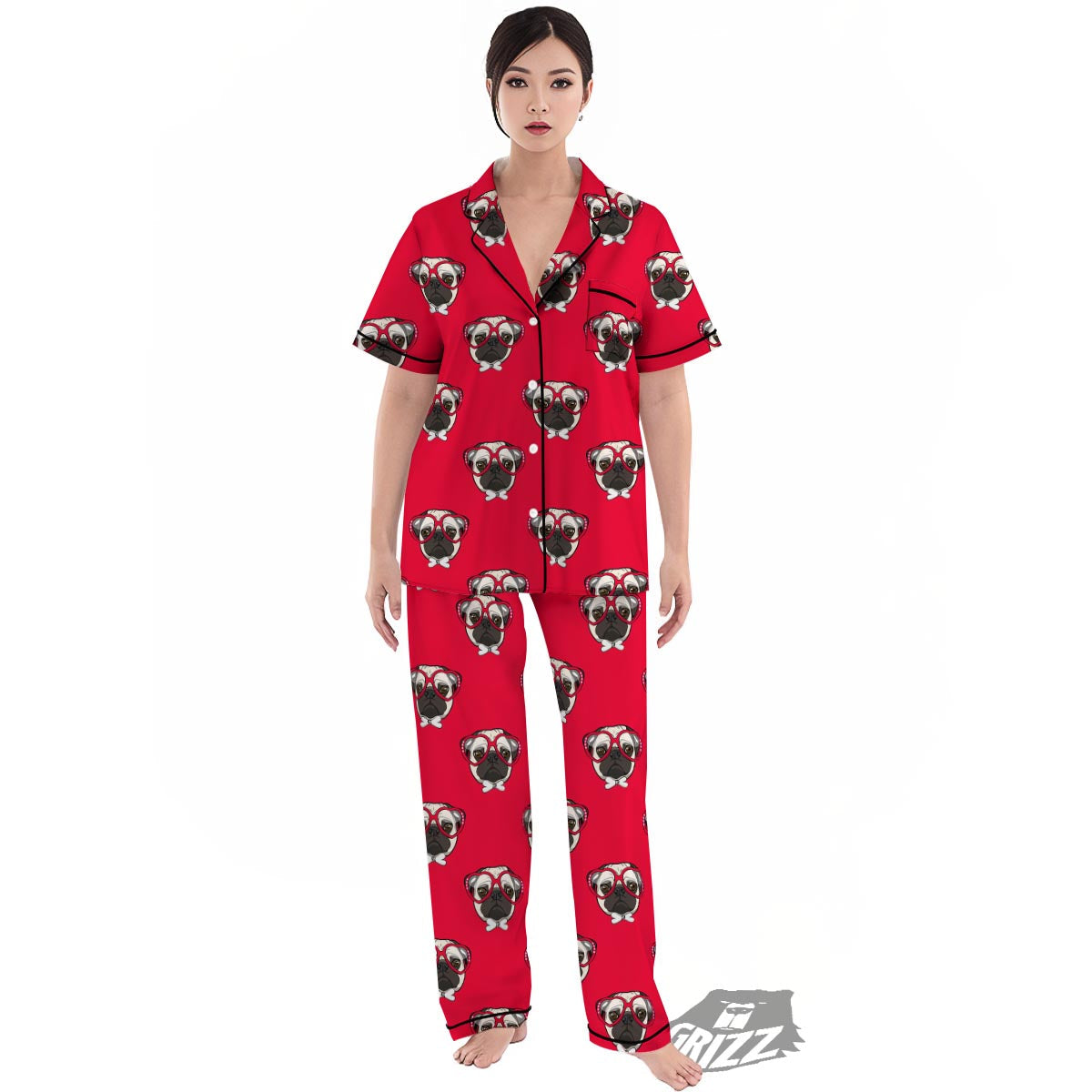 Pug Red Glasses Print Pattern Women's Pajamas Set-grizzshop