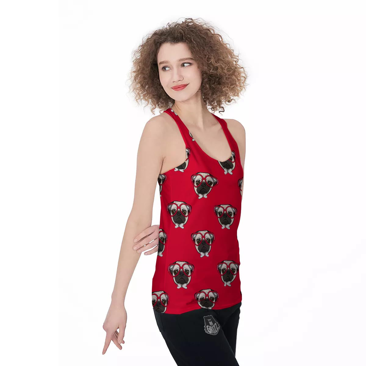 Pug Red Glasses Print Pattern Women's Racerback Tank Top-grizzshop