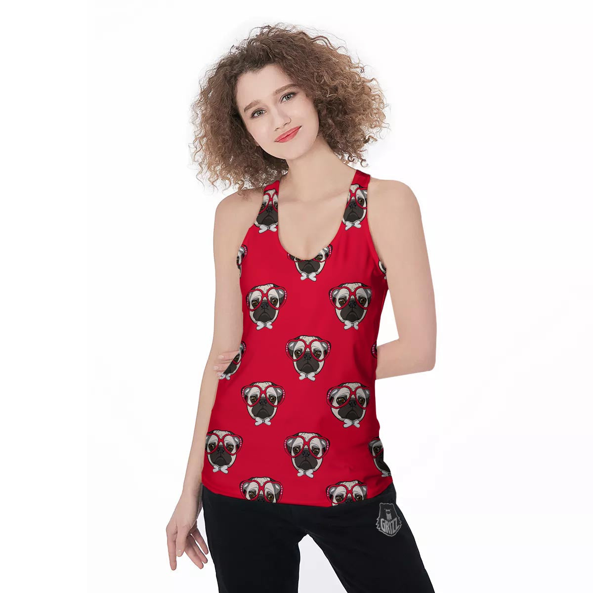 Pug Red Glasses Print Pattern Women's Racerback Tank Top-grizzshop