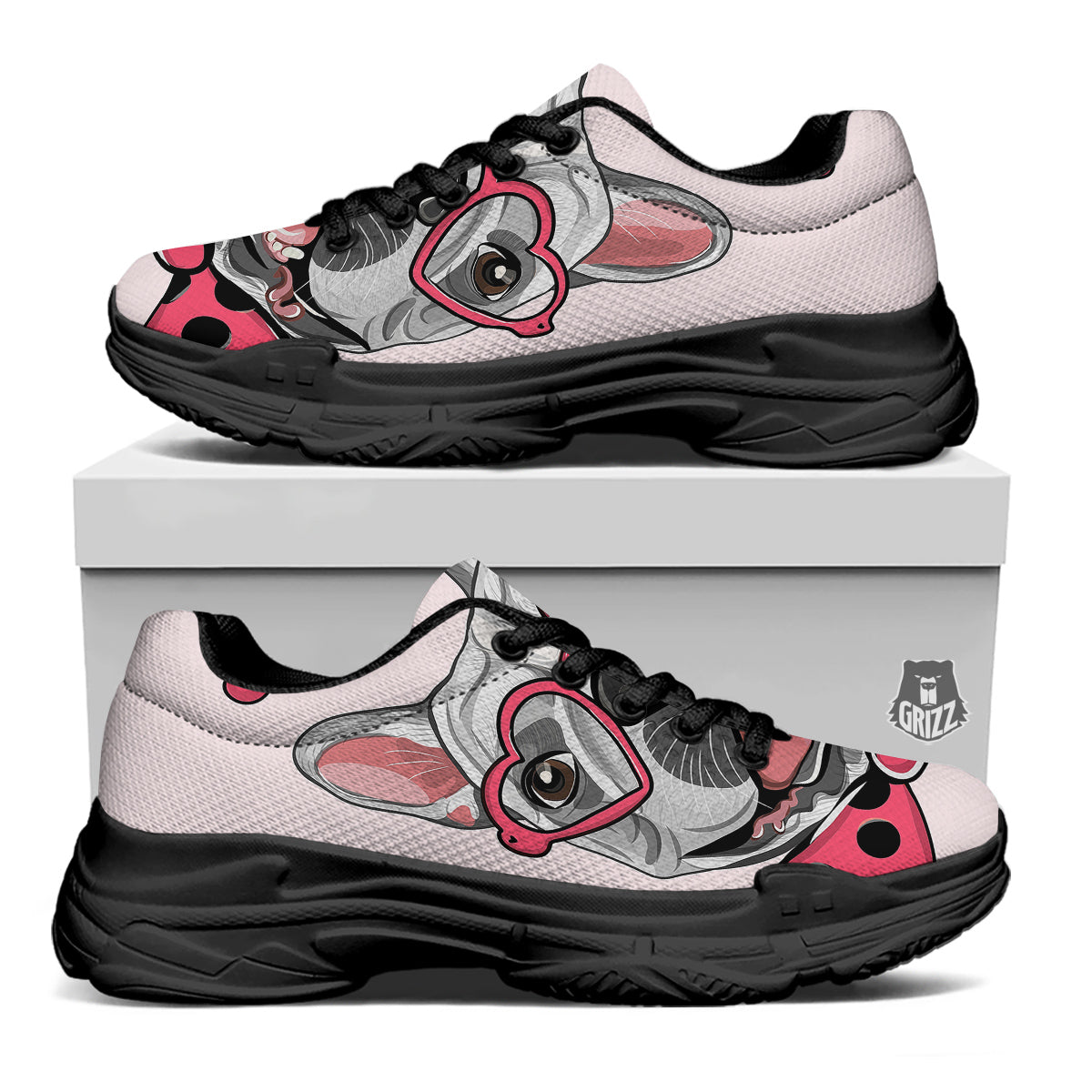 Pug With Glasses Cute Print Cute Black Chunky Shoes-grizzshop