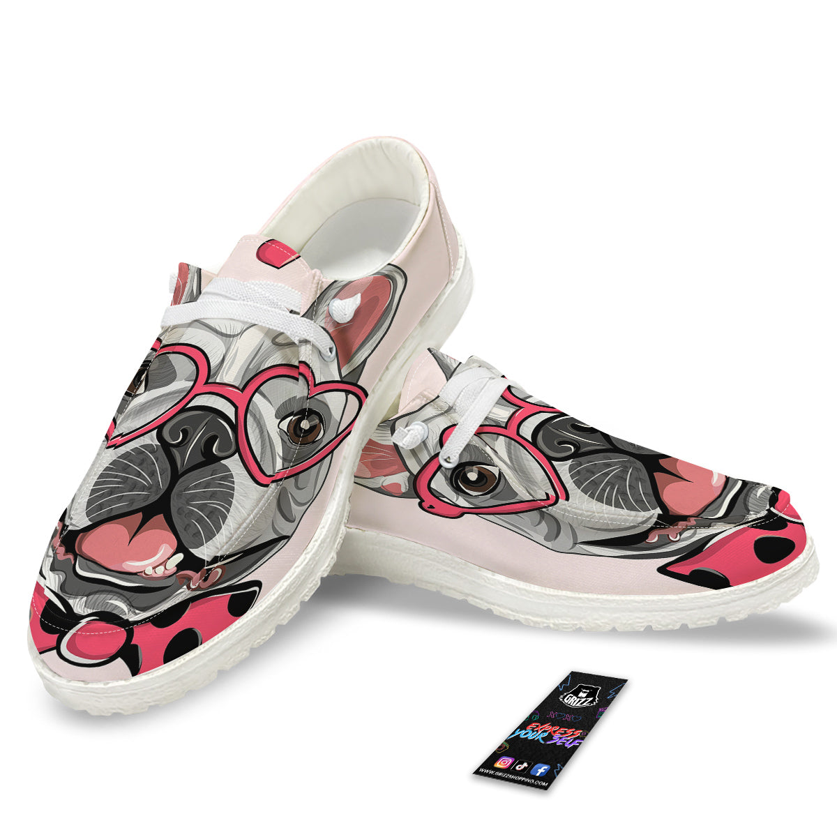 Pug With Glasses Cute Print Cute White Loafers-grizzshop