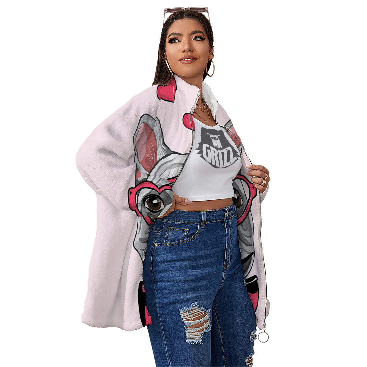 Pug With Glasses Cute Print Cute Women's Sherpa Jacket-grizzshop