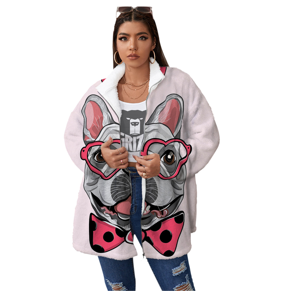 Pug With Glasses Cute Print Cute Women's Sherpa Jacket-grizzshop