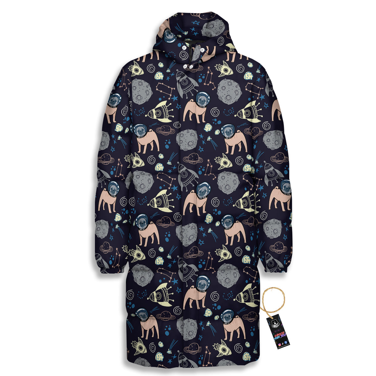 Pug And Astronaut In The Space Print Pattern Long Down Jacket