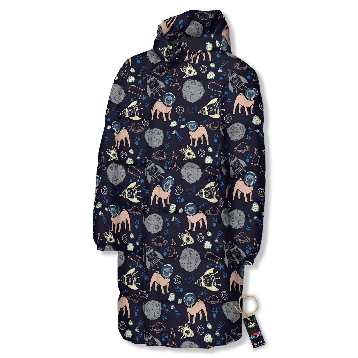 Pug And Astronaut In The Space Print Pattern Long Down Jacket