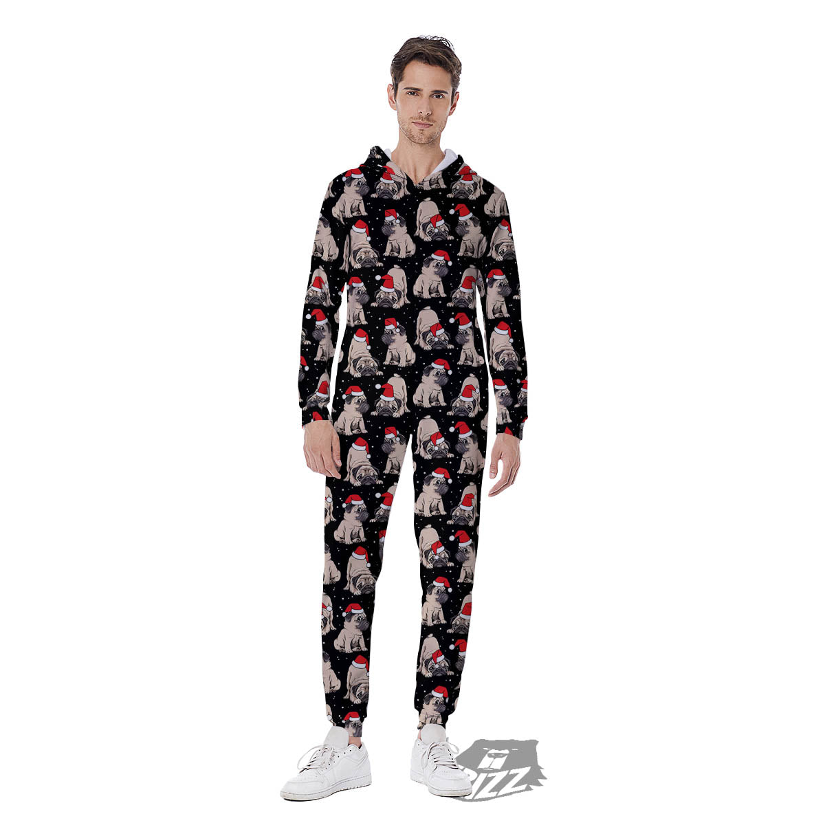 Pug Christmas Santa Print Pattern Men's Jumpsuit-grizzshop