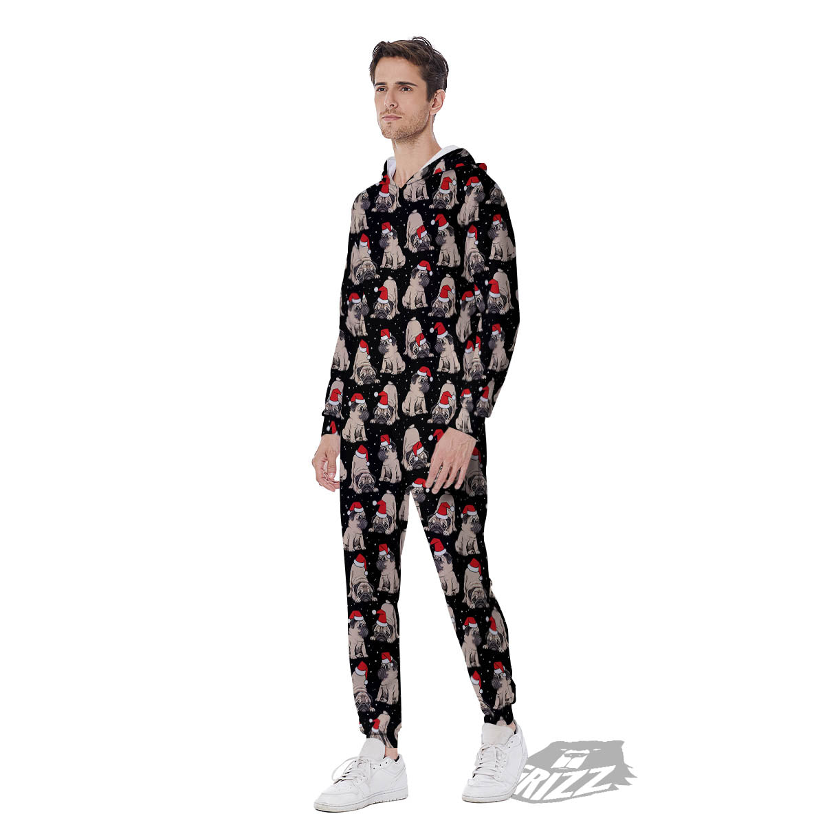 Pug Christmas Santa Print Pattern Men's Jumpsuit-grizzshop