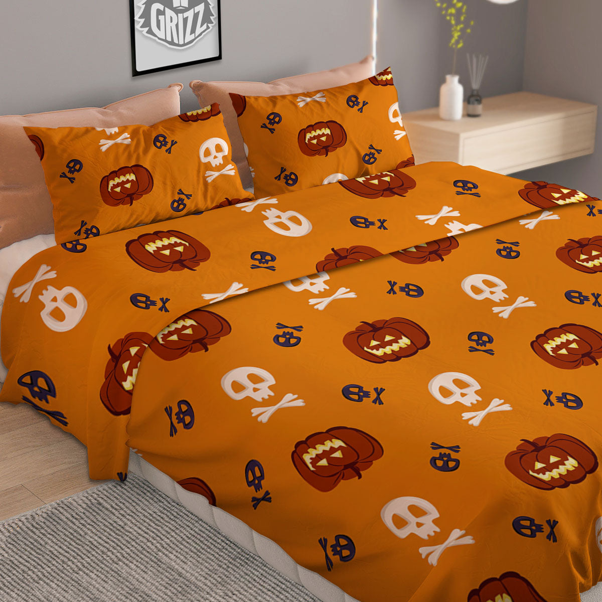 Pumkin And Skull Halloween Print Pattern Duvet Cover Bedding Set