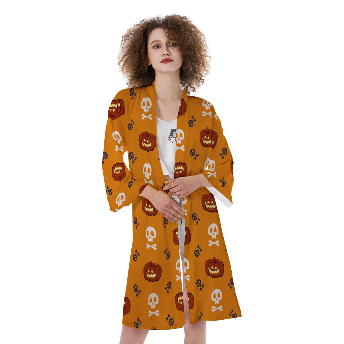 Pumkin And Skull Halloween Print Pattern Kimono-grizzshop