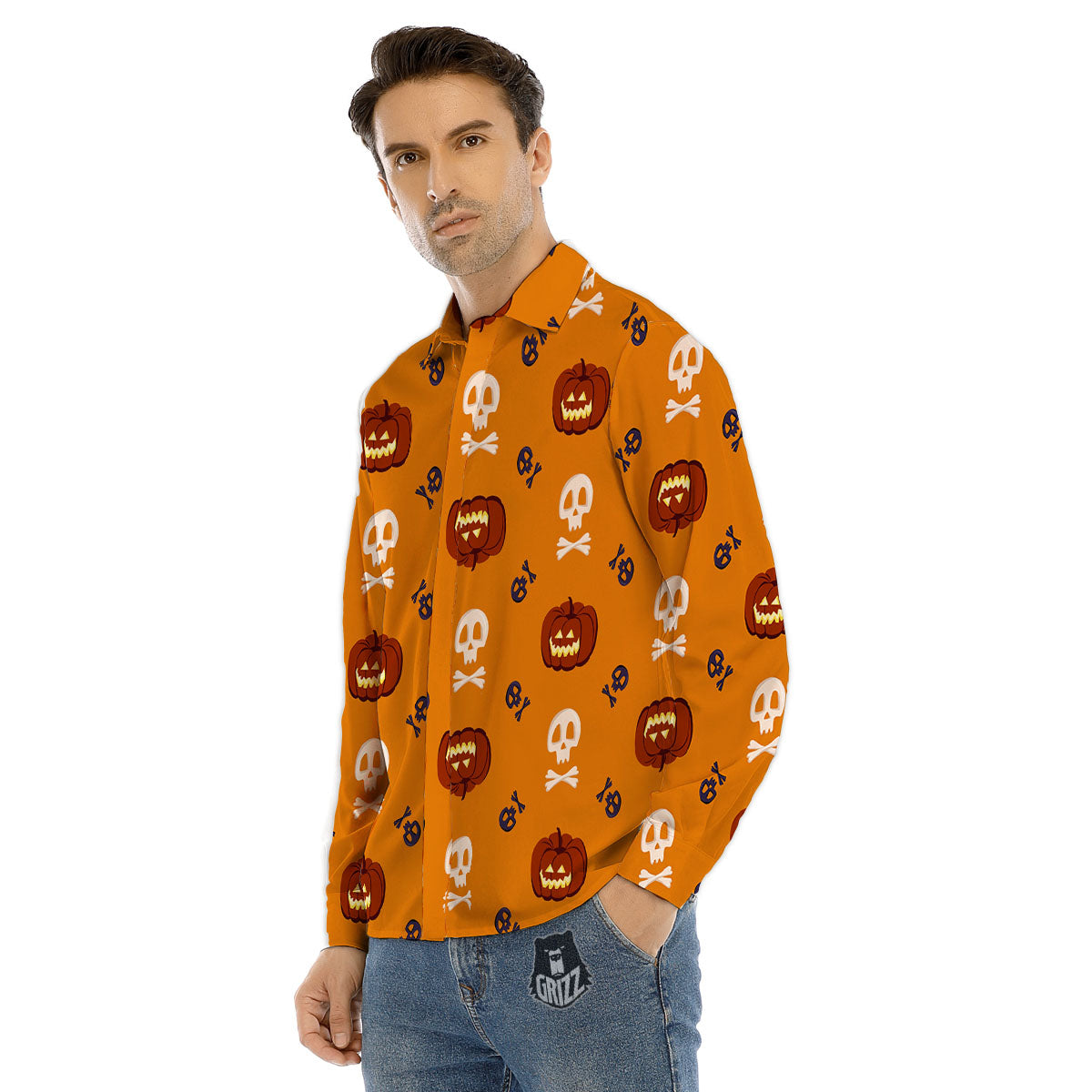 Pumkin And Skull Halloween Print Pattern Men's Dress Shirts-grizzshop
