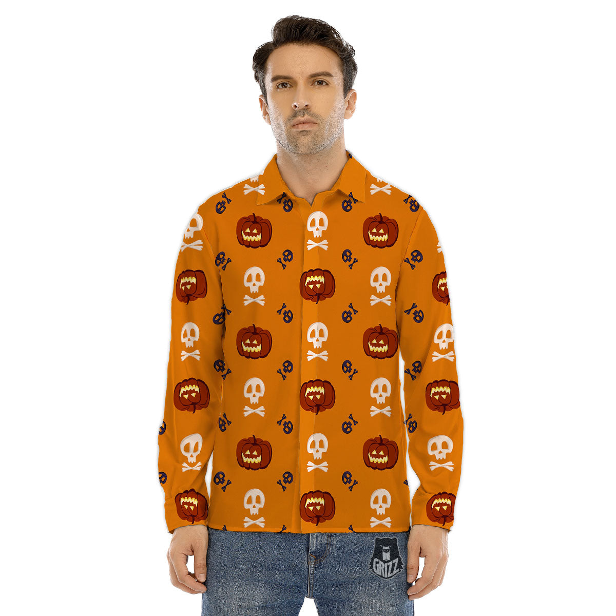 Pumkin And Skull Halloween Print Pattern Men's Dress Shirts-grizzshop