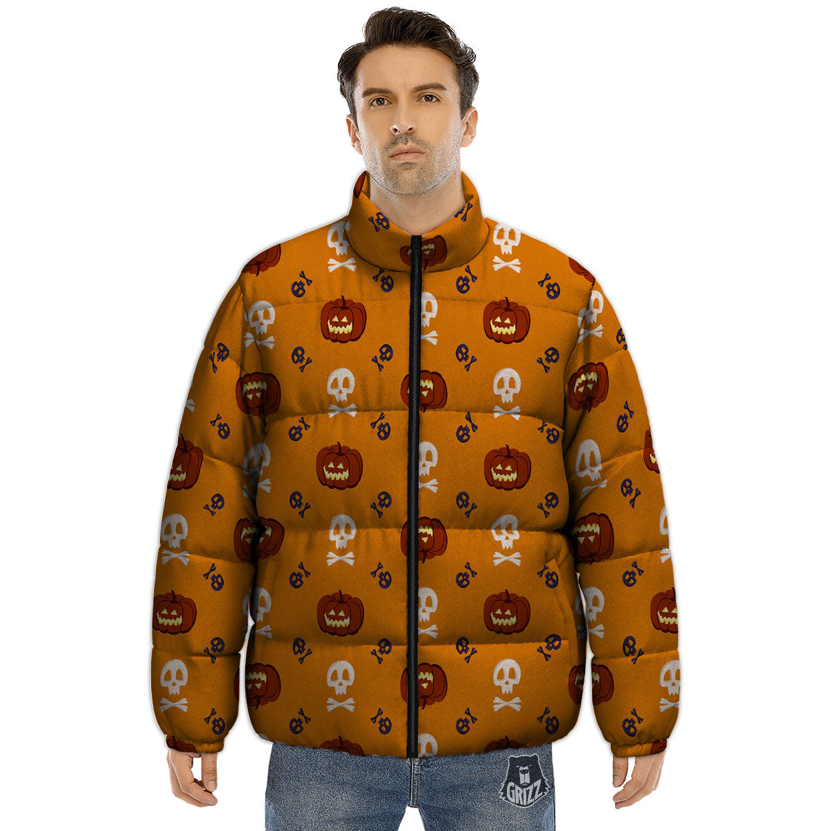 Pumkin And Skull Halloween Print Pattern Puffer Jacket-grizzshop